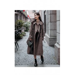 秋冬新款毛呢大衣女千鳥格寬松顯瘦中長(zhǎng)款過(guò)膝格子呢子外套